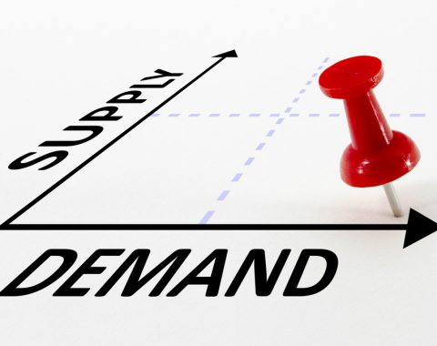 High Demand and Low Supply analysis concept on a graph with a red push pin